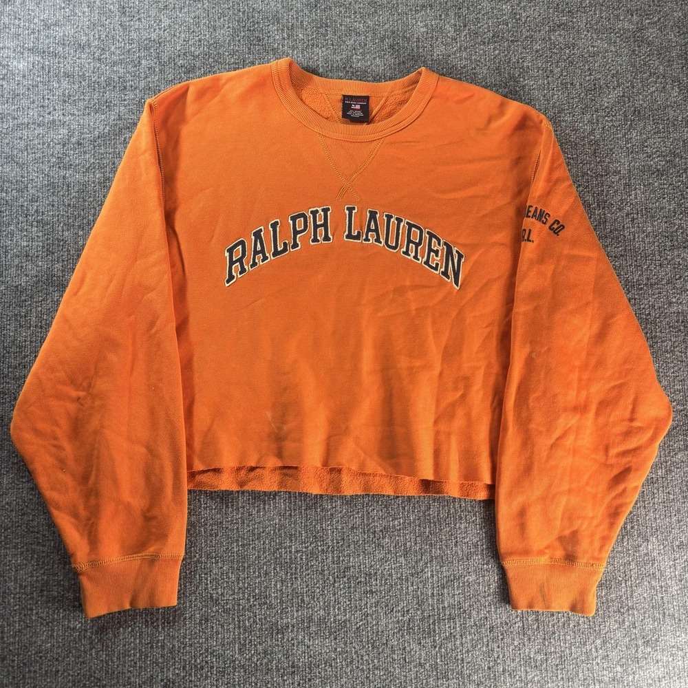 Ralph Lauren Sweatshirt Mens 2XL Orange Fleece Crop Raw Hem Pullover Logo